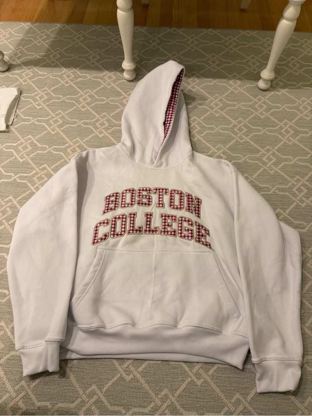 Boston College White Hoodie with Red Plaid Appliqué